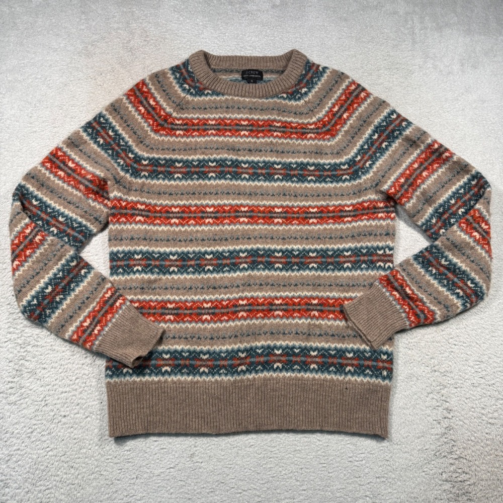 J.Crew Fair Isle Sweater Women M Tan Orange Lambswool Crewneck Knit Fall